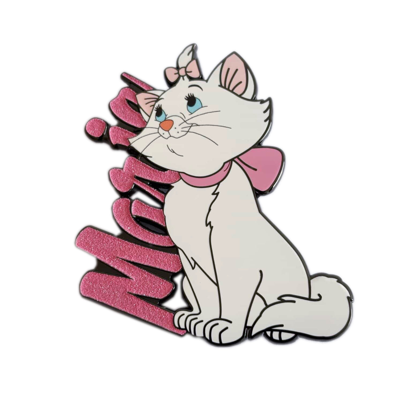 A Marie the cat enamel pin from Disney's The Aristocats, featuring a white cat with blue eyes, a pink bow, and a pink collar, posed next to glittery pink letters spelling 'Marie'