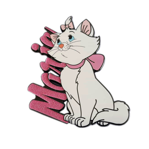 A Marie the cat enamel pin from Disney's The Aristocats, featuring a white cat with blue eyes, a pink bow, and a pink collar, posed next to glittery pink letters spelling 'Marie'